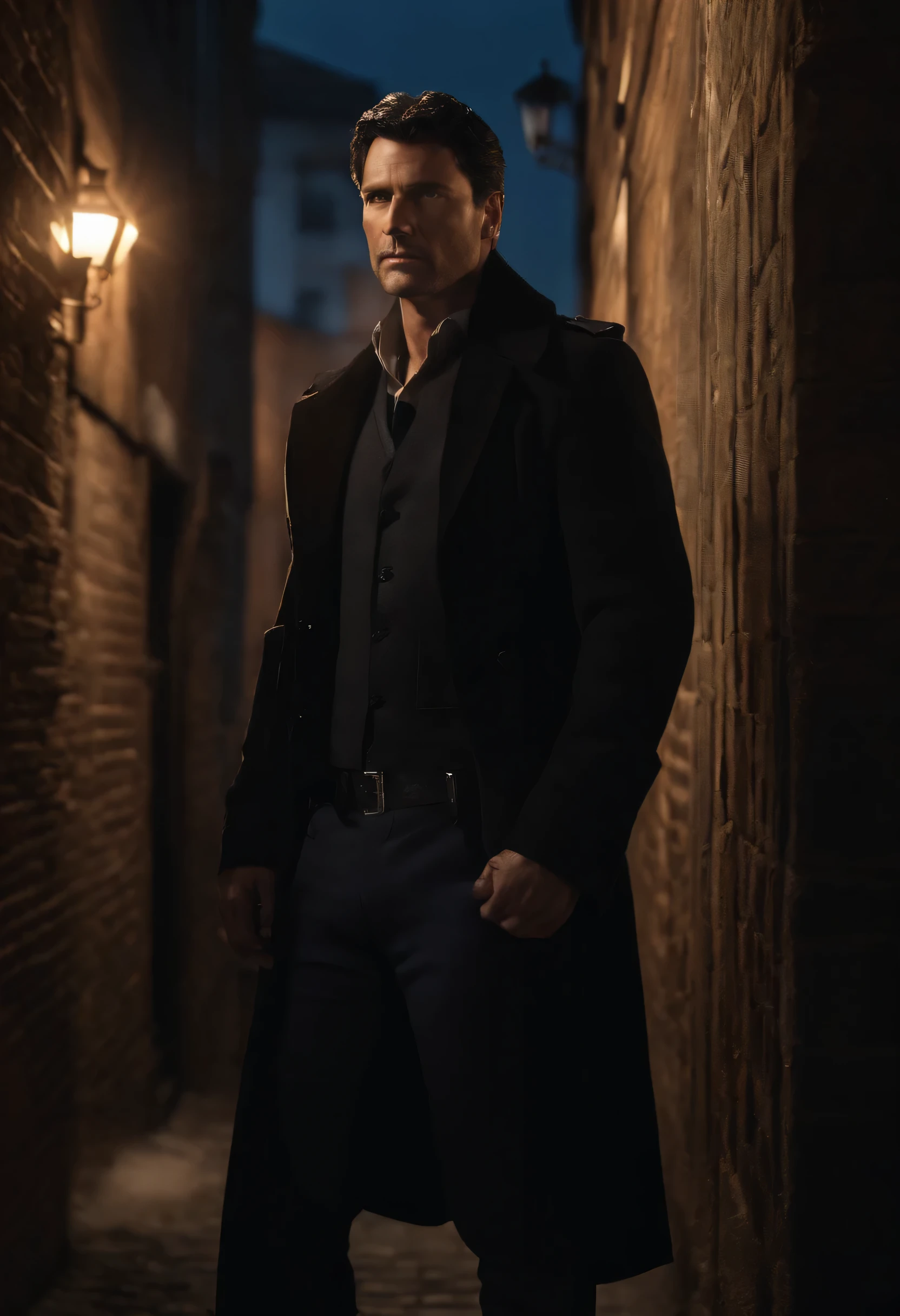 [Better Quality] + [Very detailed] Forty year old male, Britannico, Black Hair, Dangerous air, Gray Blue Eyes, A soft face and a striking expression, Skin whitens、Slender, Tall body, Leaning against a dark alleyway, Very clean and nice atmosphere