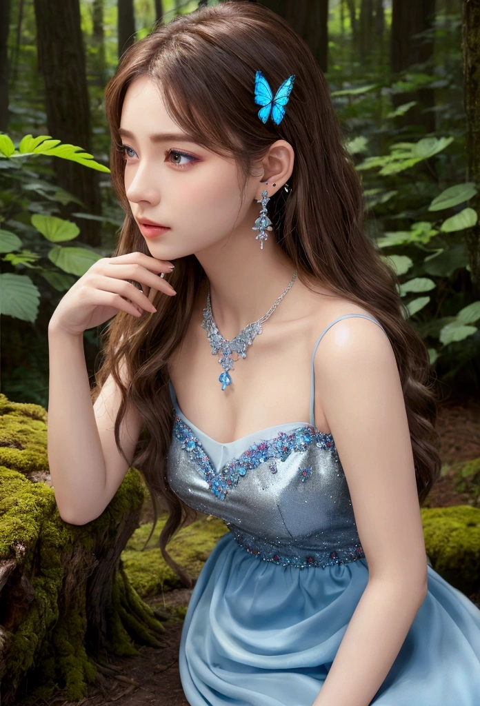 美しく詳細なwhole body, whole body, Full moon, Silver Moonlight, forest, wood々A pale blue butterfly flutters between them.、There is soft moss on the ground, Brown hair wavy hair, Wearing a blue dress,Earrings, Beautiful and gorgeous necklace, Exposing shoulders, Gorgeous hair accessories, Beautiful Eyes, Long eyelashes, reality, 8k, high quality, Super detailed, Dramatic lighting, movie, Vibrant colors