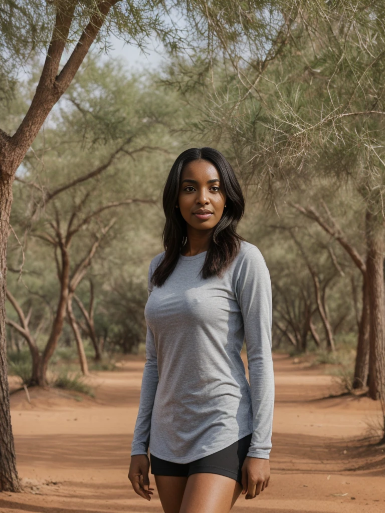 Amira, 1girl, solo, ((Sudanese woman)), consistent face and body, ((MILF)), ((30 years old)), (mature), ((slim)), ((Sudanese face)), (Sudanese nose), (Sudanese lips), short hair, upper body and upper legs, (background: Tazekka National Park), BREAK, (wearing stylish lightweight, long-sleeve, and loose-fitting.)