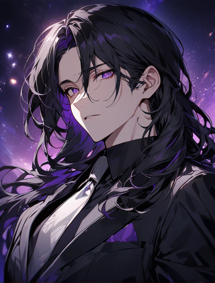 (black_hair), (long_male_hair), (deep_purple_eyes), (high_detailed_eyes), (attractive), (emotionless), (Deep_space_background), (male), (wears_black_suit), (long_male_hair), (detailed_Hair), (detailed), (detailed_mouth), (vertical_slit_pupils)