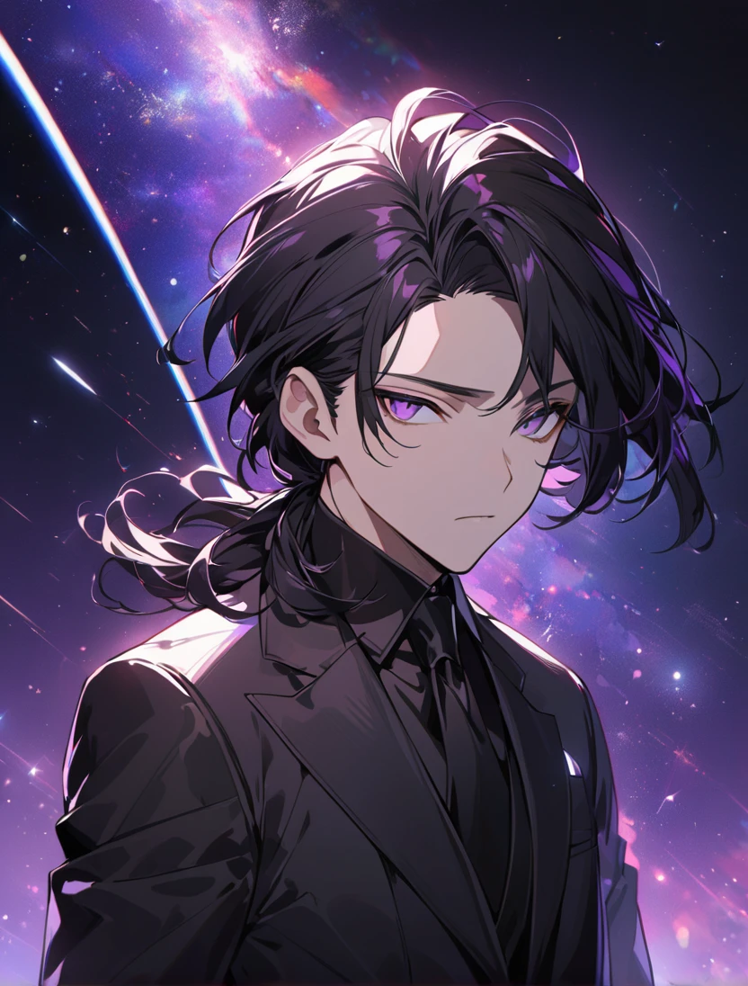 (black_hair), (long_male_hair), (deep_purple_eyes), (high_detailed_eyes), (attractive), (emotionless), (Deep_space_background), (male), (wears_black_suit), (long_male_hair), (detailed_Hair), (detailed), (detailed_mouth), (vertical_slit_pupils)