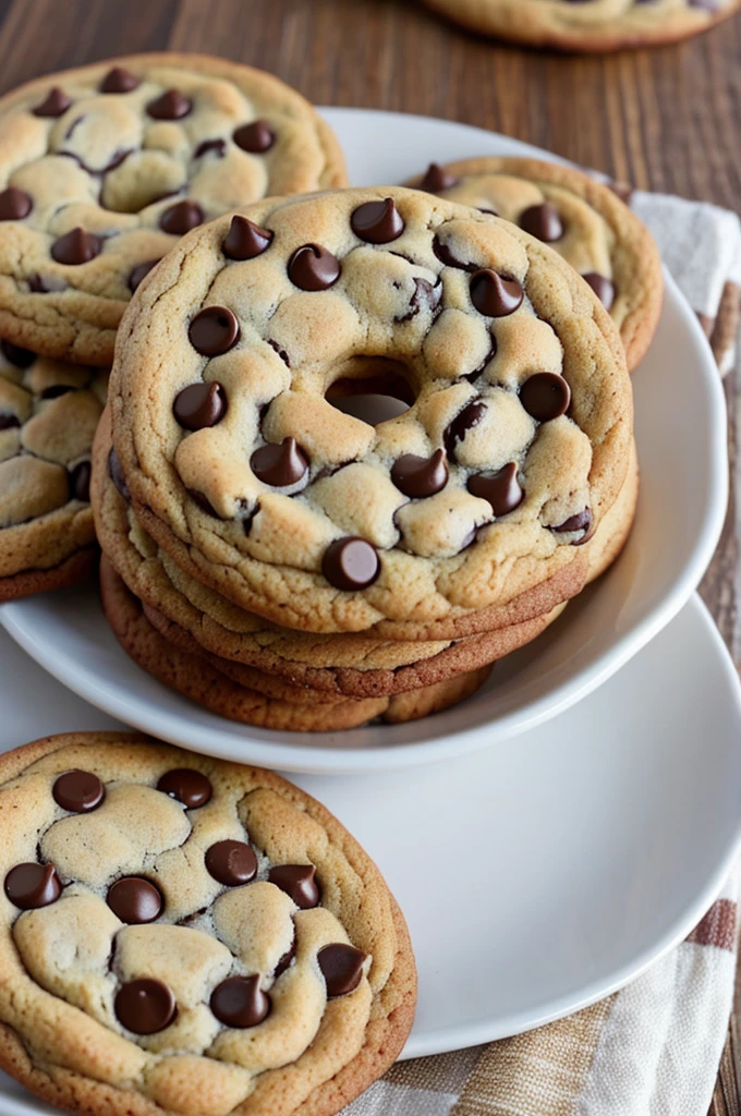 Create an image of half a chocolate chip cookie and the other half of a donut and add a cup with a cake drawn on a small plate