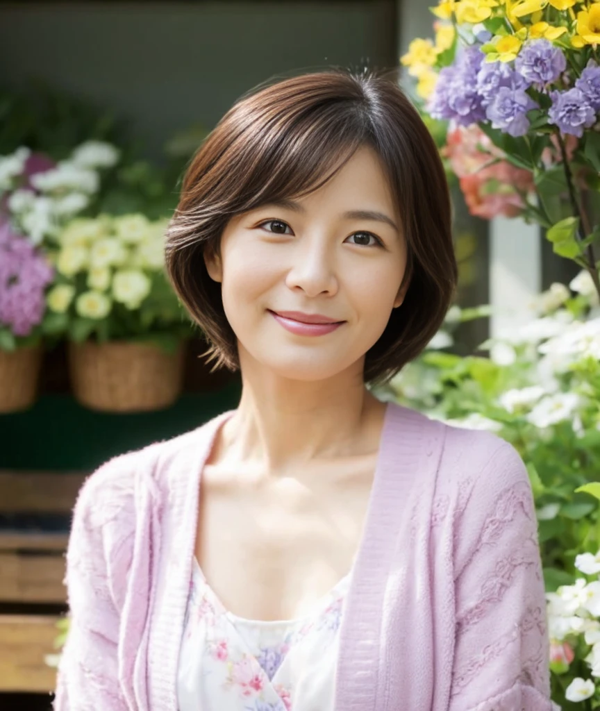 Woman in a flower field、Beauty、Matsushima Na々、nanako matsushima.A soft smile、42 years old、High nose、Looking at me