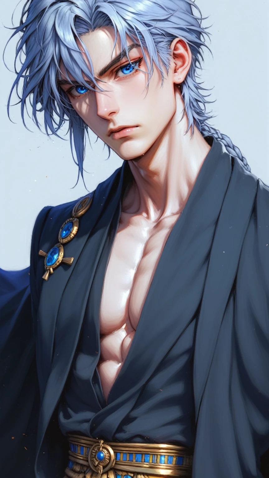 absurdities, High resolution, ultra detailed, HdR, masterpiece, Extremely detailed face and eyes, Red hair, disheveled, fringe, bushy eyebrows, White skin, serious, angry eyebrows, expressive blue eyes, detailed eyes, LOOKING AT THE SPECTATOR, 1 man, 30 year old man, Red hair oscuro, rasgos masculines, elegant, magical clothes with golden details, masculine, sorcery clothing, archeology background, beefy chest, egyptian theme, Complete plan