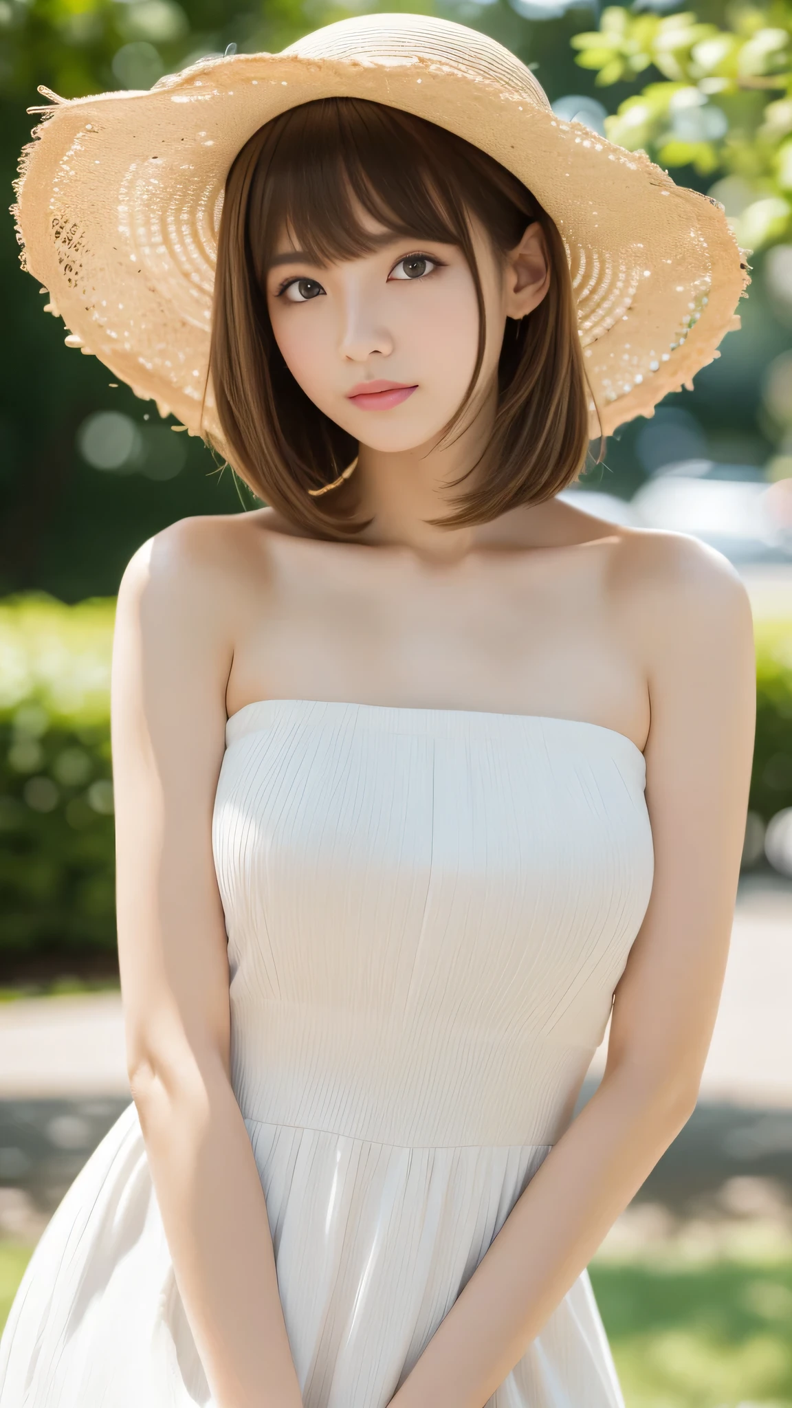 Ultra-high resolution, Superior Quality, Highest quality, Very detailed, Realistic, 8k, RAW Photos, Highest quality, masterpiece, Attractive girl, Awesome girl, Brown Hair, Shoulder-length layers, Asymmetrical bangs, K-POPアイドル, Sophisticated, stylish, White dress、Straw hat、Shibuya Ward, Short Hair、Park Background