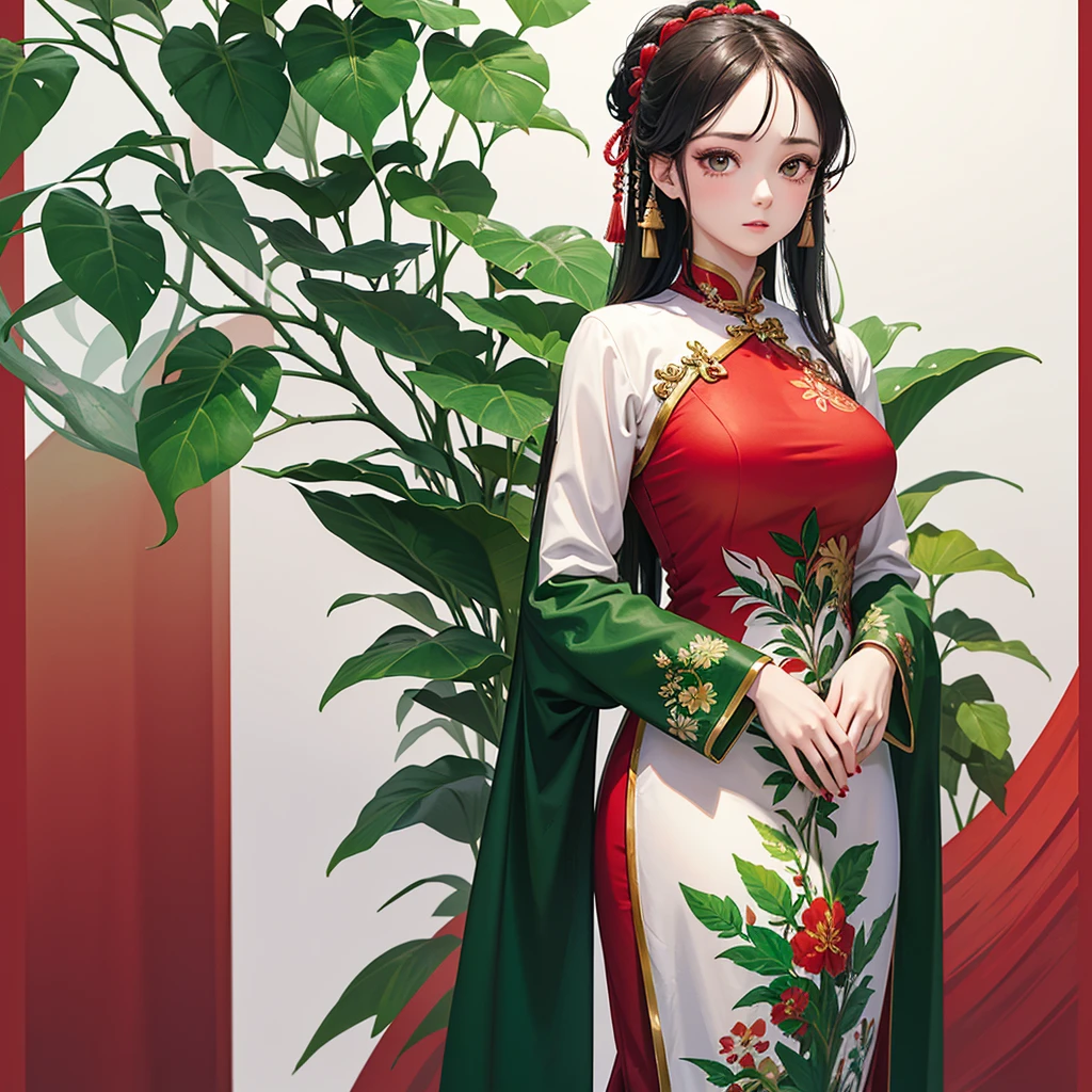 ((RAW Photos)), ((masterpiece)), (A young woman wearing an ao dai with a red and green motif based on the image of plants:1.2), (Full Body:1.1),Intricate details, View your viewers, Complex game character depiction, beautiful, Fine eyes and lips,(Detailed depiction of the hands:1.2),Large Breasts,White background,Fantasy,Perfect Face, (1 girl:1.3),Big shiny clear golden eyes,Long black hair tied up,shy,
