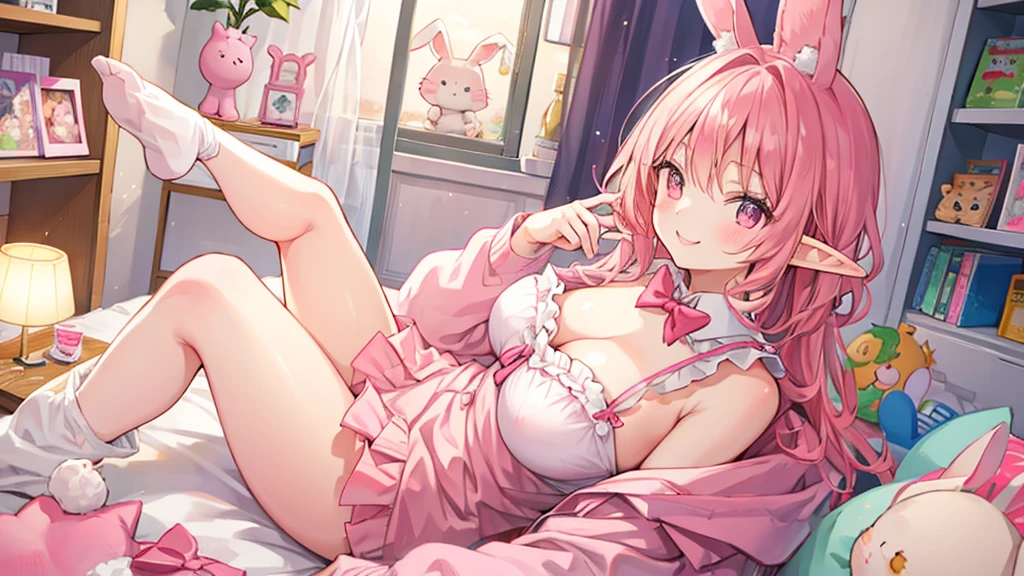 Rabbit Mimi、Chibi Elf Pink Room、Relaxing in a cute room、A big smile