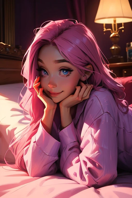 Perfect face. Perfect hands. A pink haired woman with violet eyes with an hourglass figure in pajamas is laying underneath the blankets with a tired smile.