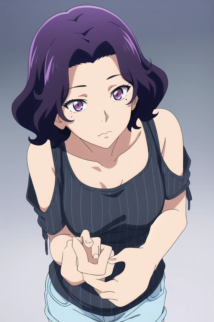 ((best quality)),((highly detailed)),masterpiece,absurdres, detailed face,beautiful face,(detailed eyes, deep eyes),(1girl),((dynamic pose)), Azusa, solo, purple hair, purple eyes, shorts, shoulder cutout, short hair, clothing cutout, breasts, food, medium breasts, denim, striped, shirt, cowboy shot, mole, collarbone, denim shorts, bare shoulders, short shorts, blue background, hair intakes, blue shorts, holding, casual, looking at viewer, black shirt, simple background, gradient background, mole under eye, gradient, striped shirt, standing, pregnant belly 