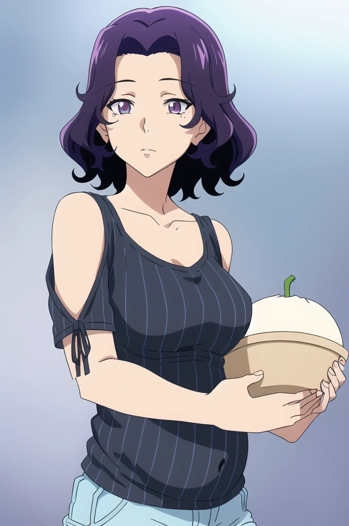 ((best quality)),((highly detailed)),masterpiece,absurdres, detailed face,beautiful face,(detailed eyes, deep eyes),(1girl),((dynamic pose)), Azusa, solo, purple hair, purple eyes, shorts, shoulder cutout, short hair, clothing cutout, breasts, food, medium breasts, denim, striped, shirt, cowboy shot, mole, collarbone, denim shorts, bare shoulders, short shorts, blue background, hair intakes, blue shorts, holding, casual, looking at viewer, black shirt, simple background, gradient background, mole under eye, gradient, striped shirt, standing, pregnant belly 