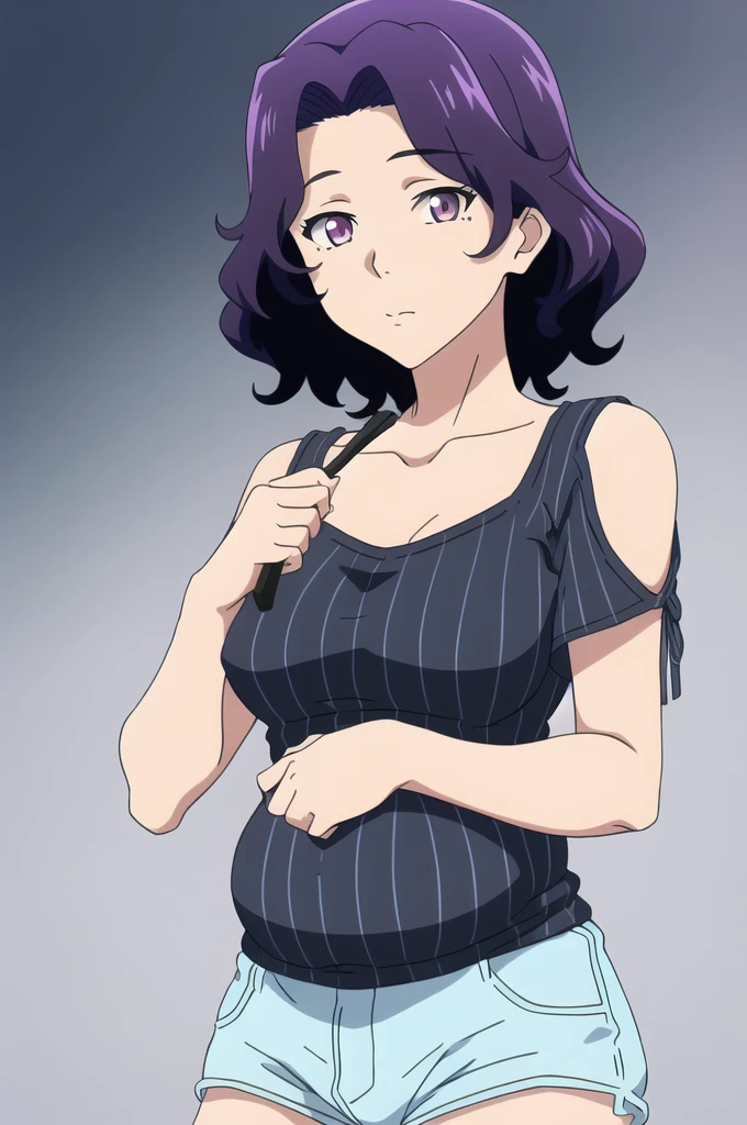 ((best quality)),((highly detailed)),masterpiece,absurdres, detailed face,beautiful face,(detailed eyes, deep eyes),(1girl),((dynamic pose)), Azusa, solo, purple hair, purple eyes, shorts, shoulder cutout, short hair, clothing cutout, breasts, food, medium breasts, denim, striped, shirt, cowboy shot, mole, collarbone, denim shorts, bare shoulders, short shorts, blue background, hair intakes, blue shorts, holding, casual, looking at viewer, black shirt, simple background, gradient background, mole under eye, gradient, striped shirt, standing, pregnant belly 