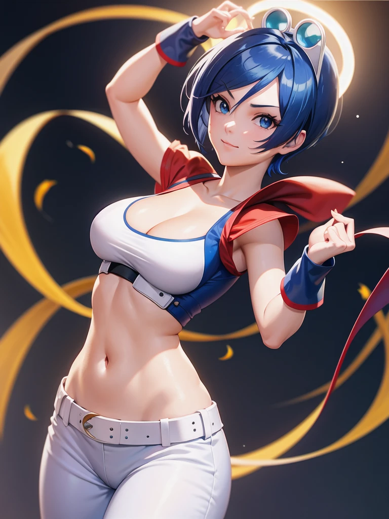 (at night), in a video game scene a background of a beautiful city during the day raining, standing at attention, semi-short blue hair, blouse with an anime frog face, white flared pants, wears blue exercise gloves, has round goggles on her head, WEARS a RED scarf around her neck, huge belt with a round shawl, ((blue hair)), 1 girl, alone, 20 years old, young woman, perfect hands, beautiful fingers, beautiful long legs, beautiful body , beautiful nose, beautiful character design, perfect face, looking at the viewer with serious gesture (focusing on his face), closed mouth, Light_Smile, official art, extremely detailed CG unity 8k wallpaper, perfect lighting, bright and colorful front lighting , shiny skin (masterpiece: 1.0), (best_quality: 1.0), ultra-high resolution, 4K, ultra-detailed photography, 8K, HDR, high resolution, nonsense:1.2, Kodak portra 400, film grain, blurred background, bokeh: 1.2, lens flare, (vibrant_color:1.2), professional photography, (beautiful_face: 1.5), (narrow waist),