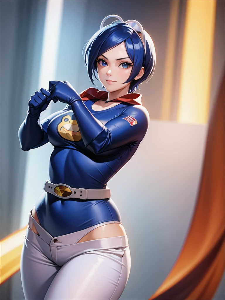 (at night), in a video game scene a background of a beautiful city during the day raining, standing at attention, semi-short blue hair, blouse with an anime frog face, white flared pants, wears blue exercise gloves, has round goggles on her head, WEARS a RED scarf around her neck, huge belt with a round shawl, ((blue hair)), 1 girl, alone, 20 years old, young woman, perfect hands, beautiful fingers, beautiful long legs, beautiful body , beautiful nose, beautiful character design, perfect face, looking at the viewer with serious gesture (focusing on his face), closed mouth, Light_Smile, official art, extremely detailed CG unity 8k wallpaper, perfect lighting, bright and colorful front lighting , shiny skin (masterpiece: 1.0), (best_quality: 1.0), ultra-high resolution, 4K, ultra-detailed photography, 8K, HDR, high resolution, nonsense:1.2, Kodak portra 400, film grain, blurred background, bokeh: 1.2, lens flare, (vibrant_color:1.2), professional photography, (beautiful_face: 1.5), (narrow waist),
