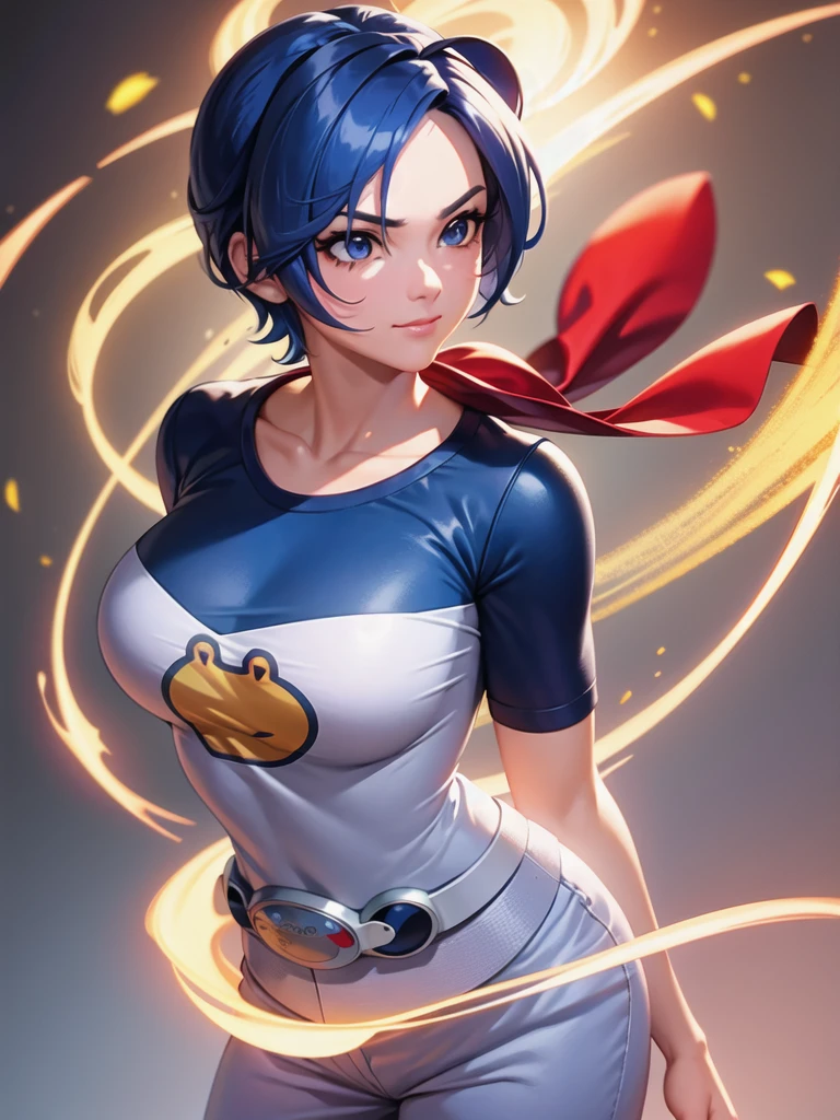 (at night), in a video game scene a background of a beautiful city during the day raining, standing at attention, semi-short blue hair, blouse with an anime frog face, white flared pants, wears blue exercise gloves, has round goggles on her head, WEARS a RED scarf around her neck, huge belt with a round shawl, ((blue hair)), 1 girl, alone, 20 years old, young woman, perfect hands, beautiful fingers, beautiful long legs, beautiful body , beautiful nose, beautiful character design, perfect face, looking at the viewer with serious gesture (focusing on his face), closed mouth, Light_Smile, official art, extremely detailed CG unity 8k wallpaper, perfect lighting, bright and colorful front lighting , shiny skin (masterpiece: 1.0), (best_quality: 1.0), ultra-high resolution, 4K, ultra-detailed photography, 8K, HDR, high resolution, nonsense:1.2, Kodak portra 400, film grain, blurred background, bokeh: 1.2, lens flare, (vibrant_color:1.2), professional photography, (beautiful_face: 1.5), (narrow waist),
