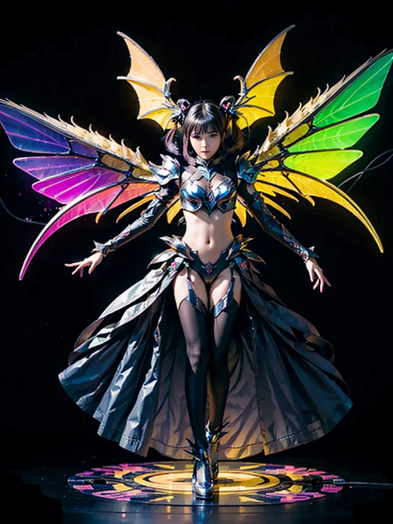 1girl, Armor, Wings, beautiful dragon, futuristic evolved Nekomata, (Neon glowing body), 2 tails, holographic, (The wings are symmetrically paired;1.5), Tricolor color body