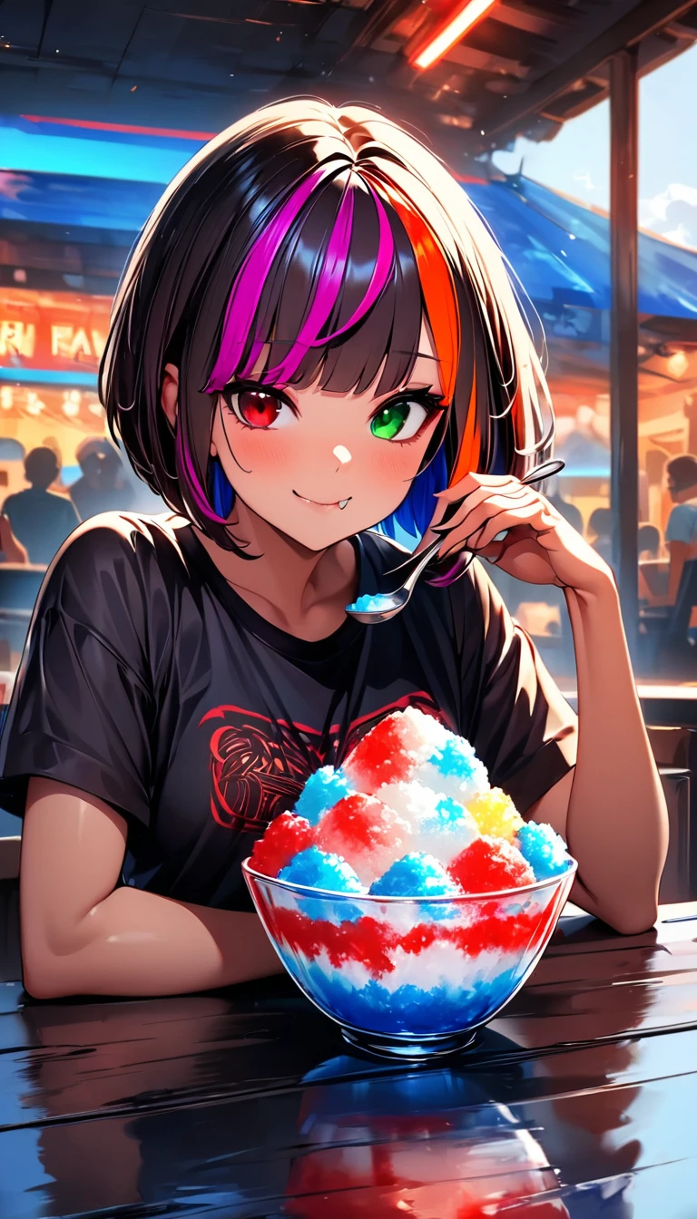 (highest quality:1.2, Very detailed, up to date, Vibrant, Ultra-high resolution, High Contrast, masterpiece:1.2, highest quality, Best aesthetics), Portraiture、girl、solo, (25-years-old:1), slim, , heterrochromia, green eye, red eye, Bright colors、Beautiful fine details、Beautiful lip detail、extra short hair, ((bob cut:1.5))、pink and purple, ((streaked hair:1.9)), (highlights hair: 1.6), (small breast:0.7), t-shirt, loose fit, short pants, ((Eating shaved ice in a glass bowl with a spoon on the table, rainbow color)), sit in seaside bright restaurant, (happy:1.5), upper body:1,
