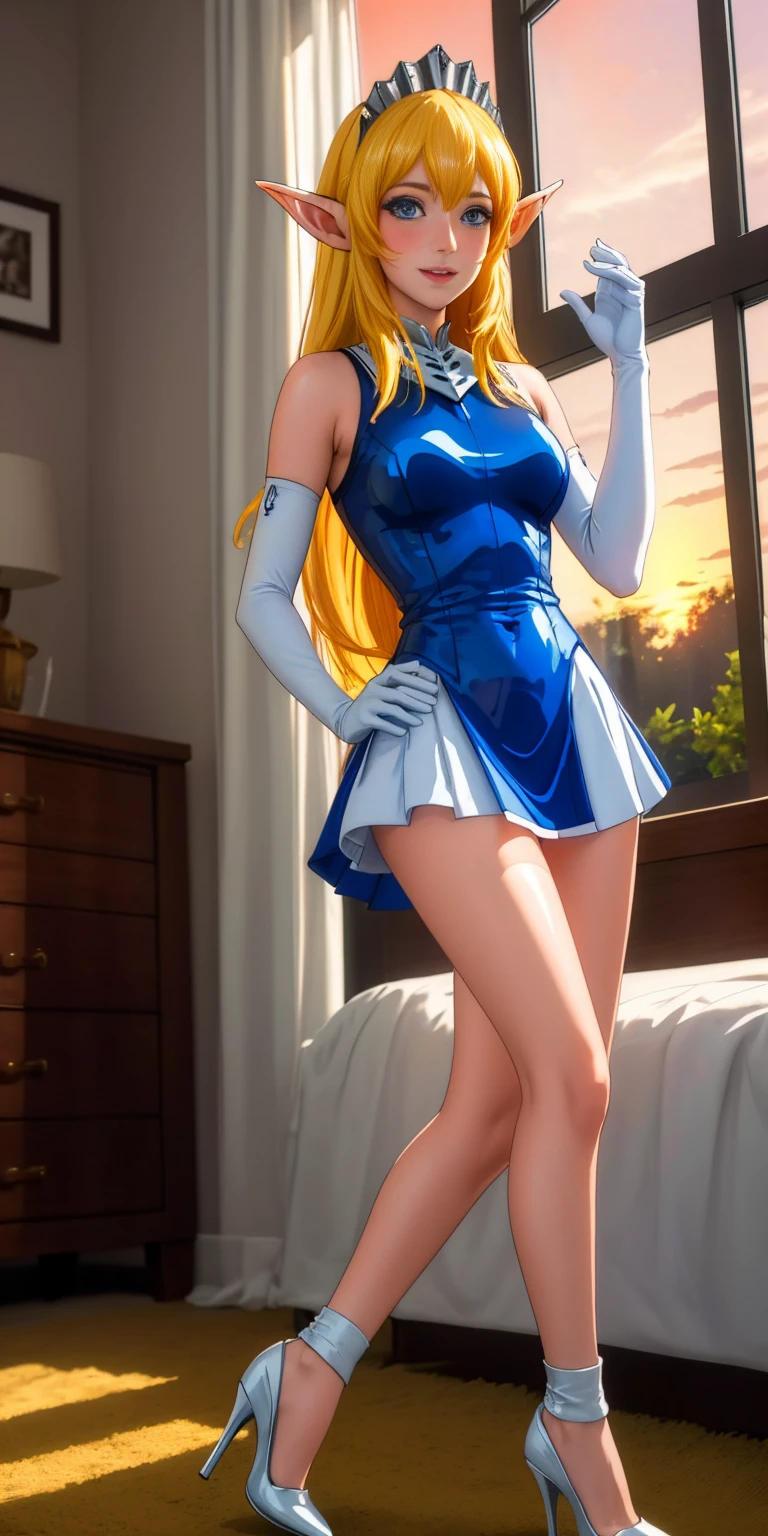 high resolution, masterpiece, high quality, perfect face, perfect eyes, Princess Nina Aslato, long blonde hair, long elf ears, tiara, blue leotard, miniskirt, high heels, feet together, white elbow gloves, huge breasts, cheerful, bedroom background (indoors) sunset thru window