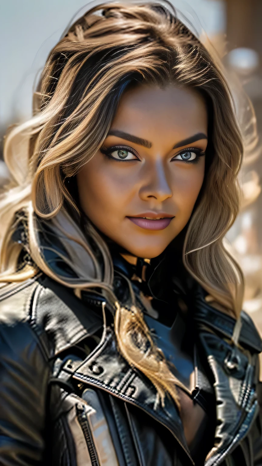 (((Face close-up)))、Long curly dark blonde hair, Gorgeous eyes, Detailed body、Detailed face、Detailed eyes、Detailed eyebrows、Captivating look, The line of sight is this、Big Tits, Exposed cleavage, (Black leather jacket, Black leather leotard:1.5), Black high leg leotard, Stiletto heels, Modern metropolis Paris France neon signs background at midnight, Spot lighting, Hair backlight, Shallow depth of field, Bokeh, ((Pause_random))、masterpiece, 最high quality, high quality, High resolution, (Face close-up)、