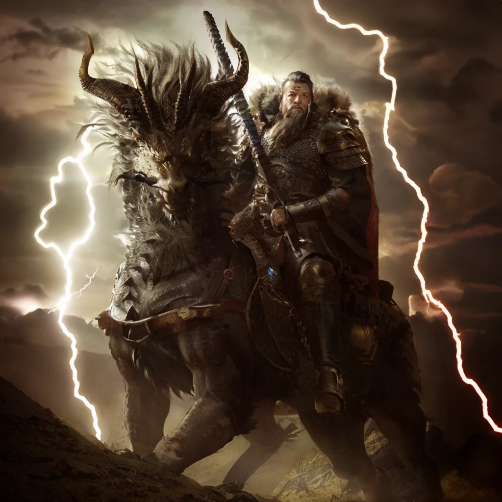 there is a man riding a qilin, Chinese warrior, lightning background, armour, gold luxurious armour, 3 eyes