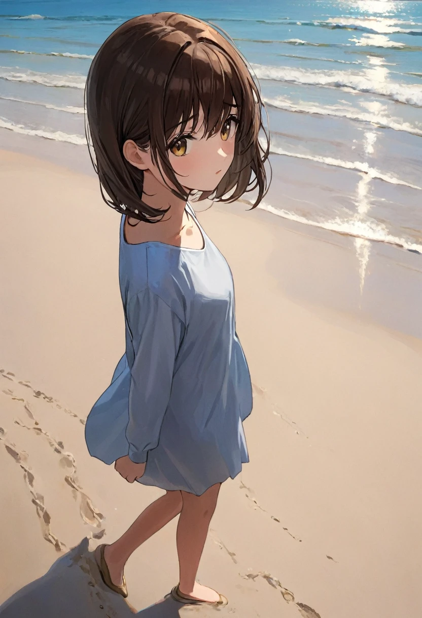 Girl with dark brown hair.Hazel eyes.Walking on the beach sand