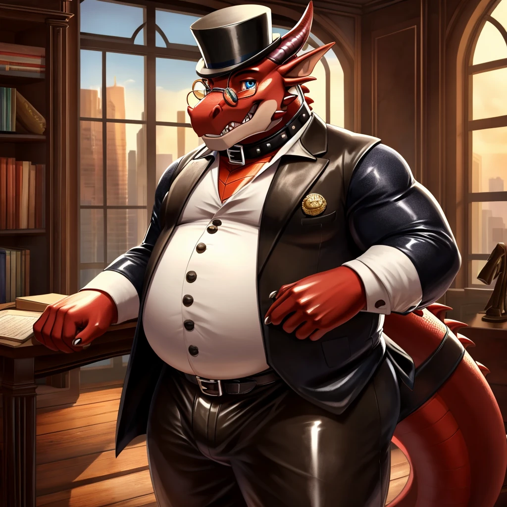 Solo, Male, fat, extremely obese, gentleman, dapper Professor Dragon, blue eyes, (posing:1.3), (soft shading), 4k, hi res, ((detailed face, detailed)), looking at viewer, mouth wide open, steampunk, dapper clothing, collared shirt with buttons, top hat, male focus, Explorer Outfit, glasses, monocle, vest with buttons, sleeves rolled up, round eyewear, brown headwear, brown vest, office, Dragon is wearing a glossy leather dog collar around the neck, Dragon is wearing the leather collar and shirt and vest at the same time, Dragon is wearing glossy white rubber gloves on the hands, wearing white rubber gloves on the feet, gloves are rubber in texture, clenching teeth, clenching fists, leather collar is glossy and shiny with a lot of detail, Dragon is wearing gloves and leather collar at the same time, leather collar has a round dog-tag, leather collar is thick and detailed, leather collar is glossy and shiny, fancy clothing, dapper vest, dapper shirt, leather collar is thick, glossy leather collar, Dragon is getting dressed in his dapper vest putting on his dapper leather collar.