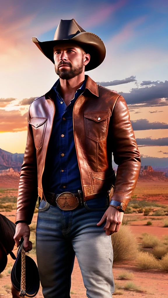 a cowboy in the wild west, photorealistic, cinematic lighting, dramatic composition, highly detailed facial features, rugged cowboy hat, leather jacket, jeans, cowboy boots, lasso, horse in the background, desert landscape, dramatic sky, sunset colors, volumetric lighting, hyper-realistic, 8k, (best quality:1.2),(photorealistic:1.37)