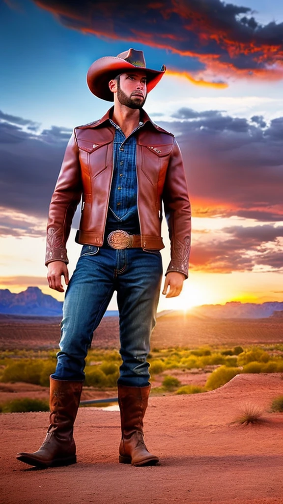 a cowboy in the wild west, photorealistic, cinematic lighting, dramatic composition, highly detailed facial features, rugged cowboy hat, leather jacket, jeans, cowboy boots, lasso, horse in the background, desert landscape, dramatic sky, sunset colors, volumetric lighting, hyper-realistic, 8k, (best quality:1.2),(photorealistic:1.37)