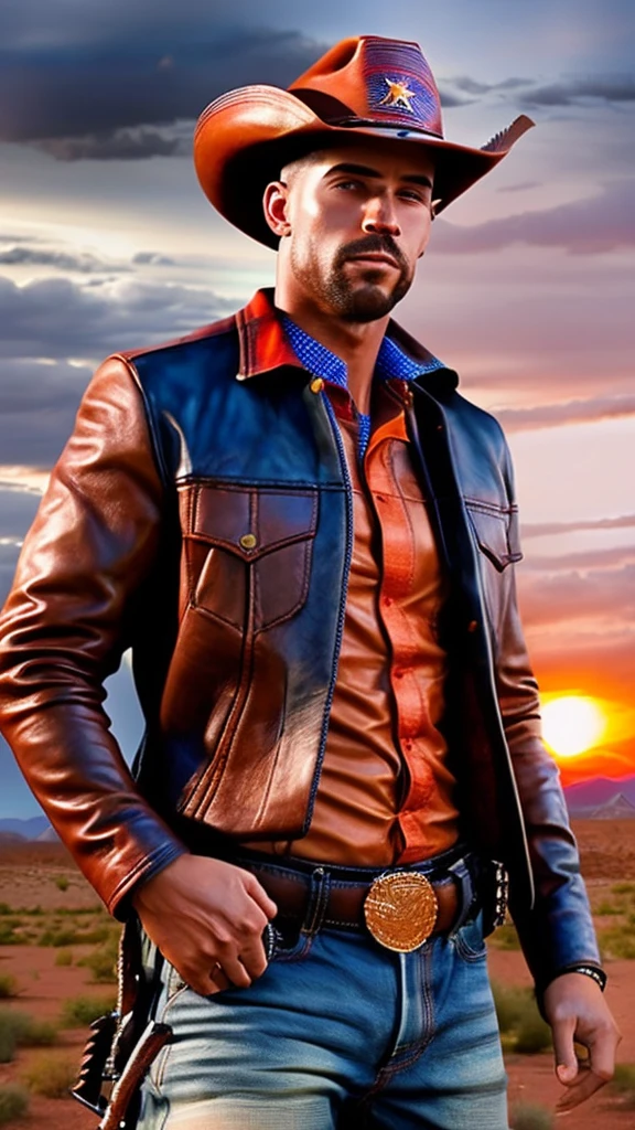 a cowboy in the wild west, photorealistic, cinematic lighting, dramatic composition, highly detailed facial features, rugged cowboy hat, leather jacket, jeans, cowboy boots, lasso, horse in the background, desert landscape, dramatic sky, sunset colors, volumetric lighting, hyper-realistic, 8k, (best quality:1.2),(photorealistic:1.37)