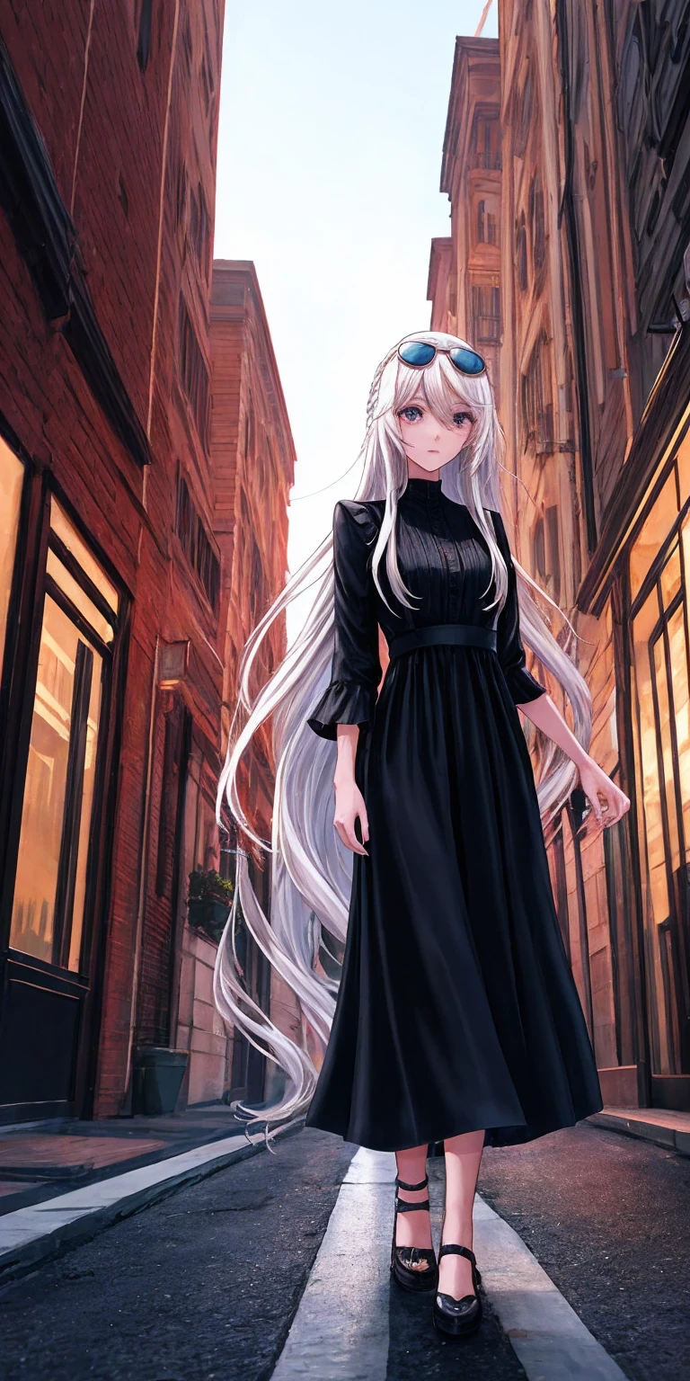 Ultra Quality, Shiny Skin, Atmospheric, 8K, Cinematic ((Street background)) BREAK ((Long White Hair)) narrowed black eyes, long black dress, fingers crossed, sunglasses