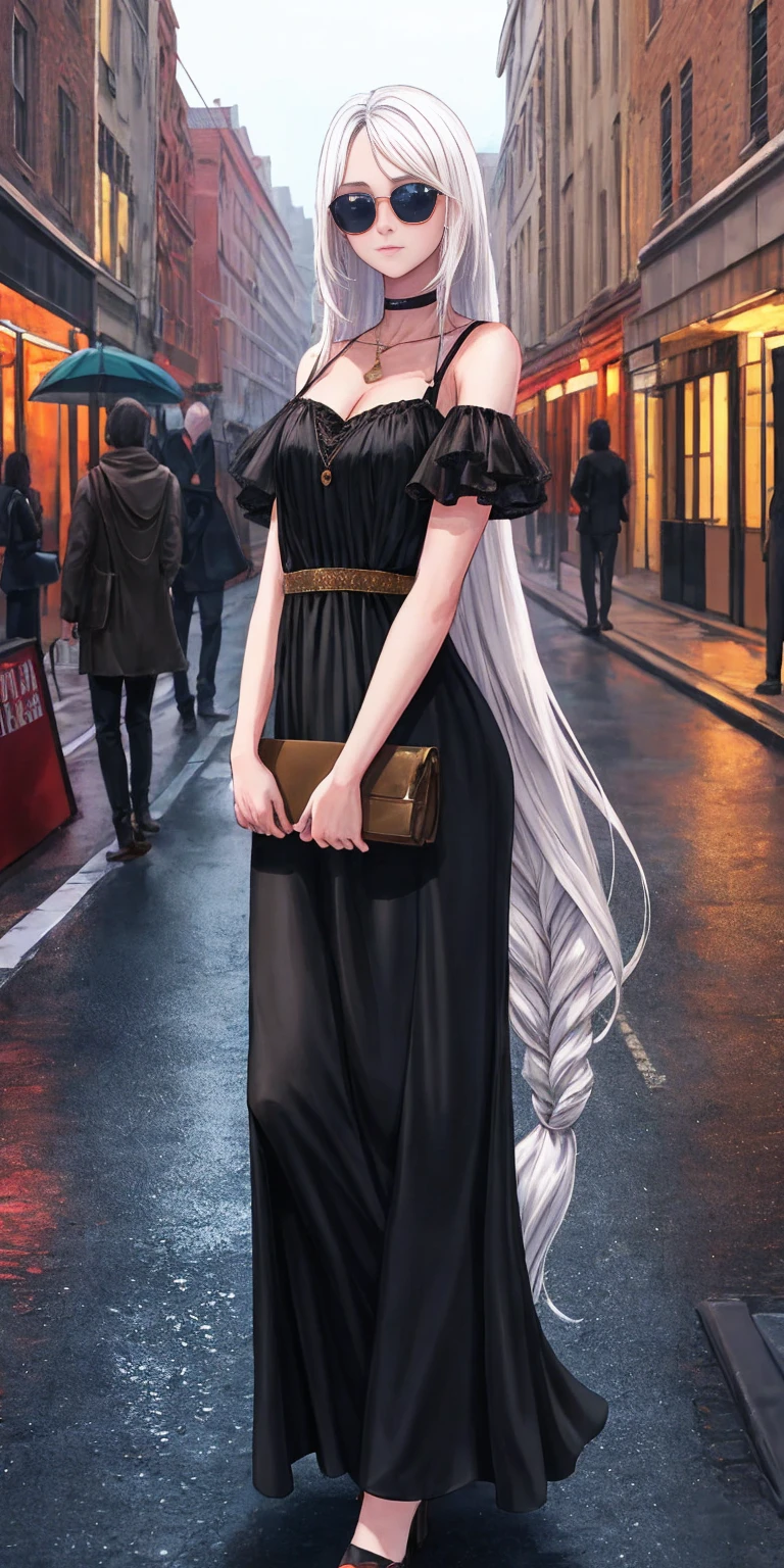 Ultra Quality, Shiny Skin, Atmospheric, 8K, Cinematic ((Street background)) BREAK ((Long White Hair)) narrowed black eyes, long black dress, fingers crossed, sunglasses