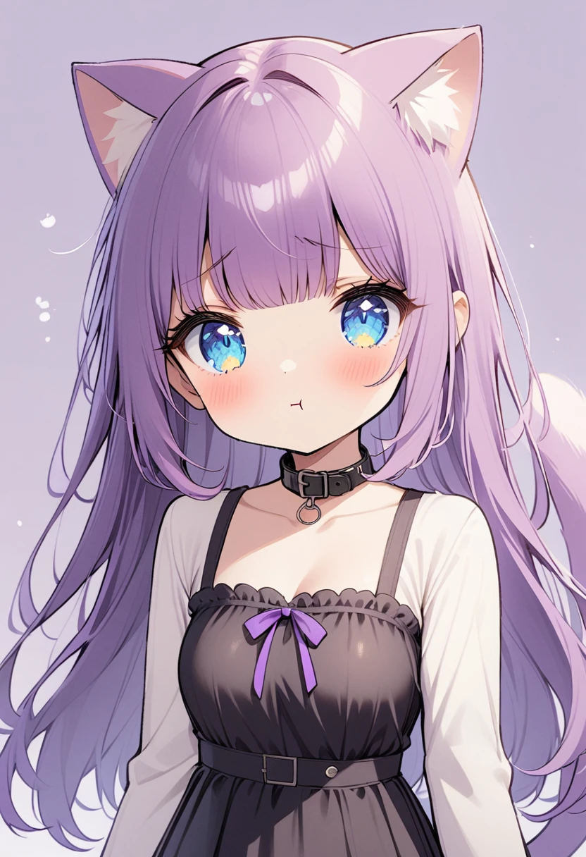 1girl, Blue eyes, Long Hair, Bangs, Purple Hair, Breasts, sad pout, black collar, cat ears, purple cat tailc, black clothes