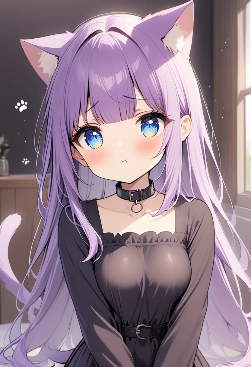 1girl, Blue eyes, Long Hair, Bangs, Purple Hair, Breasts, sad pout, black collar, cat ears, purple cat tailc, black clothes