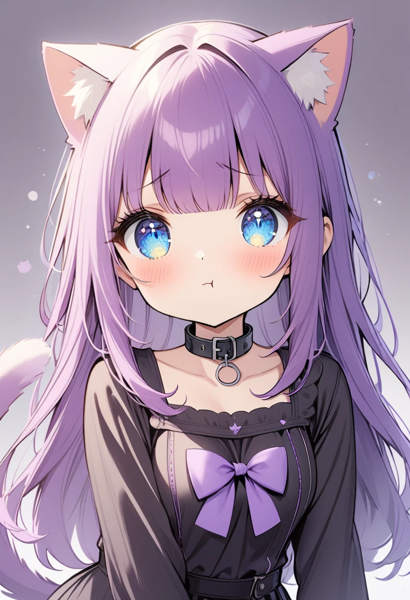 1girl, Blue eyes, Long Hair, Bangs, Purple Hair, Breasts, sad pout, black collar, cat ears, purple cat tailc, black clothes