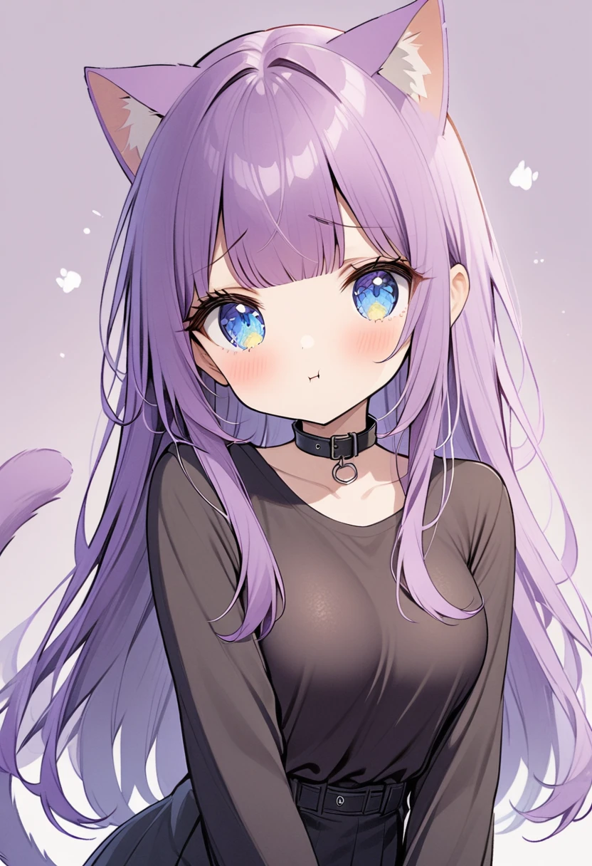 1girl, Blue eyes, Long Hair, Bangs, Purple Hair, Breasts, sad pout, black collar, cat ears, purple cat tailc, black clothes