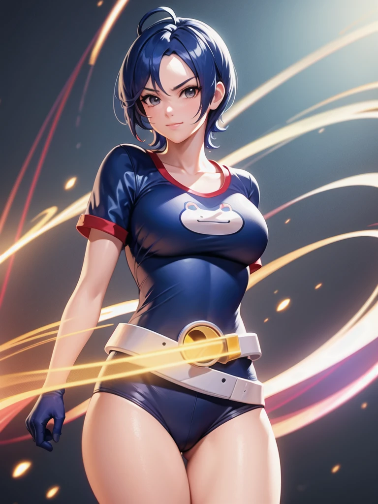 (at night), in a video game scene a background of a beautiful city during the day raining, standing at attention, semi-short blue hair, blouse with an anime frog face, white flared pants, wears blue exercise gloves, has round goggles on her head, WEARS a RED scarf around her neck, huge belt with a round shawl, ((blue hair)), 1 girl, alone, 20 years old, young woman, perfect hands, beautiful fingers, beautiful long legs, beautiful body , beautiful nose, beautiful character design, perfect face, looking at the viewer with serious gesture (focusing on his face), closed mouth, Light_Smile, official art, extremely detailed CG unity 8k wallpaper, perfect lighting, bright and colorful front lighting , shiny skin (masterpiece: 1.0), (best_quality: 1.0), ultra-high resolution, 4K, ultra-detailed photography, 8K, HDR, high resolution, nonsense:1.2, Kodak portra 400, film grain, blurred background, bokeh: 1.2, lens flare, (vibrant_color:1.2), professional photography, (beautiful_face: 1.5), (narrow waist),
