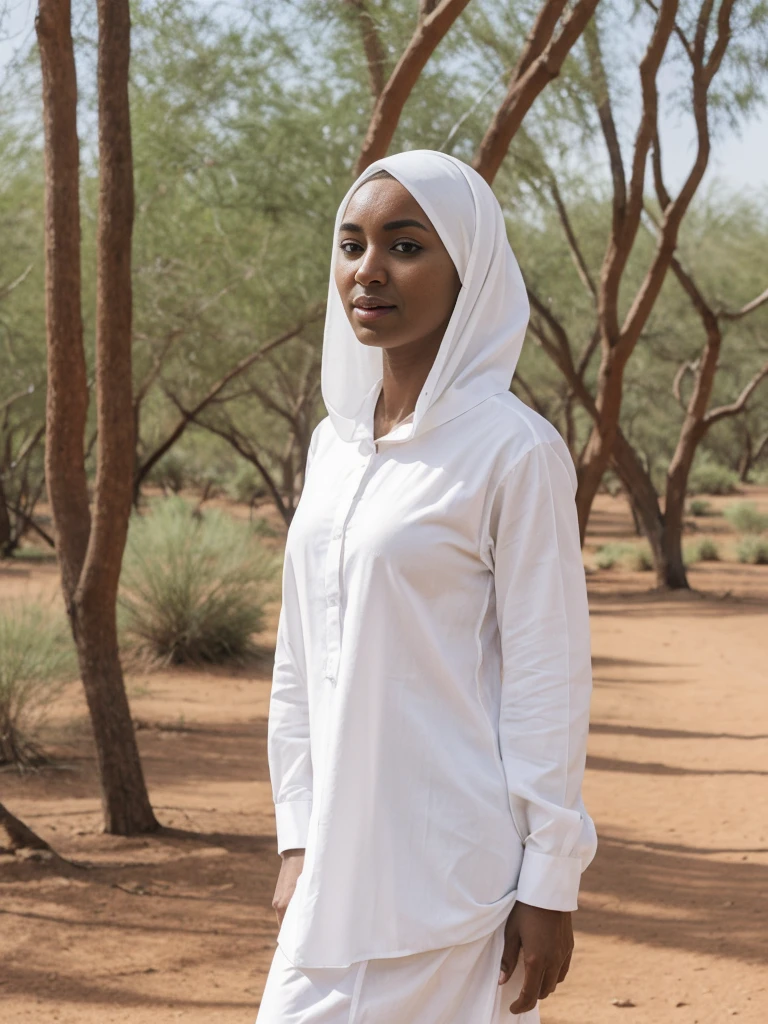 Amira, 1girl, solo, ((Sudanese woman)), consistent face and body, ((MILF)), ((30 years old)), (mature), ((slim)), ((Sudanese face)), (Sudanese nose), (Sudanese lips), short hair, upper body and upper legs, (background: Tazekka National Park), BREAK, (wearing stylish white lightweight, long-sleeve, and loose-fitting.)