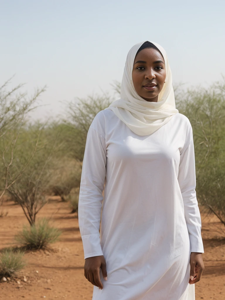 Amira, 1girl, solo, ((Sudanese woman)), consistent face and body, ((MILF)), ((30 years old)), (mature), ((slim)), ((Sudanese face)), (Sudanese nose), (Sudanese lips), short hair, upper body and upper legs, (background: Tazekka National Park), BREAK, (wearing stylish white lightweight, long-sleeve, and loose-fitting.)
