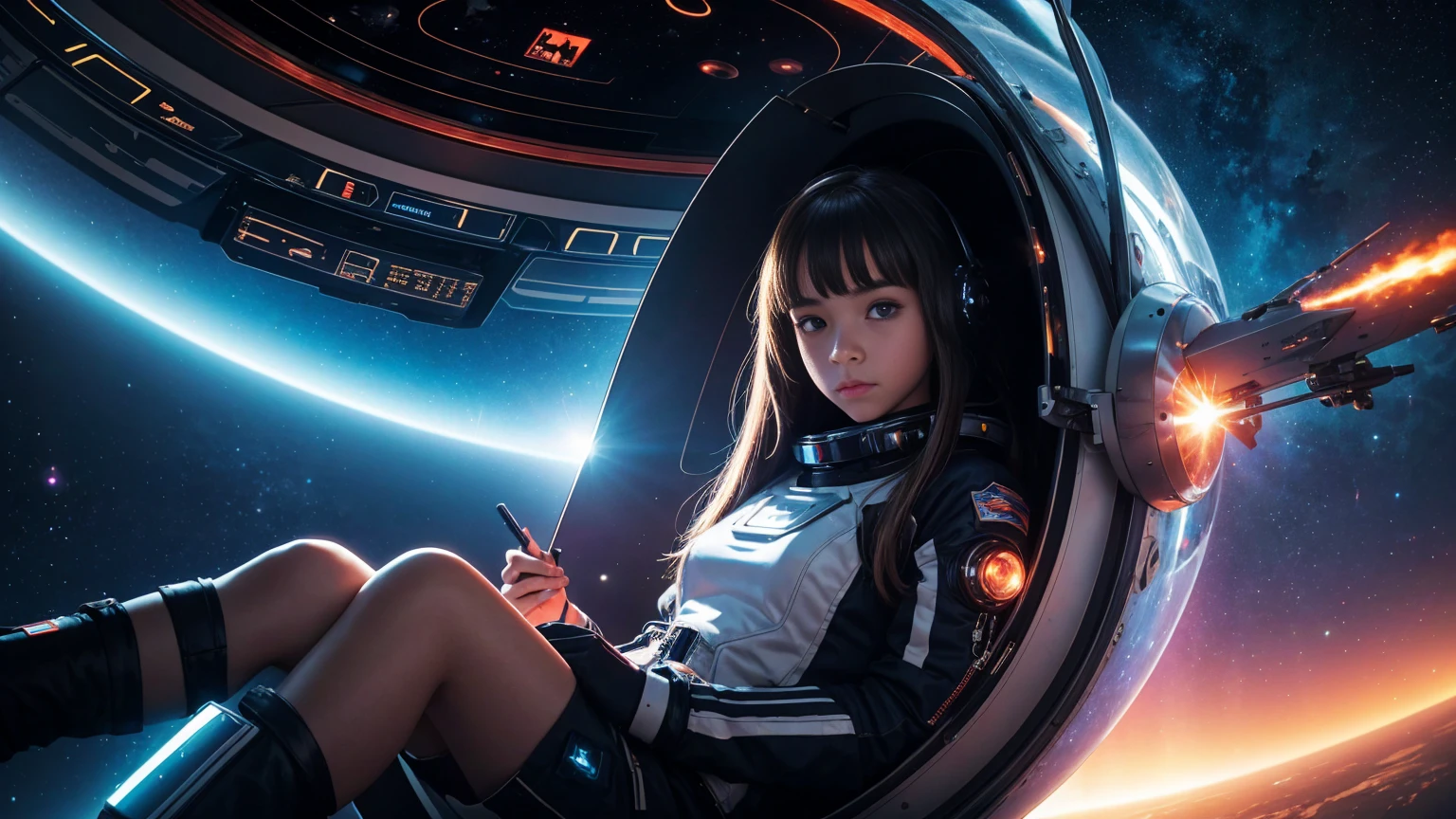 A teenage girl wearing futuristic outfits, inside a space capsule in space, in the background of the image a burning planet, spaceships flying in the background, style sci-fi