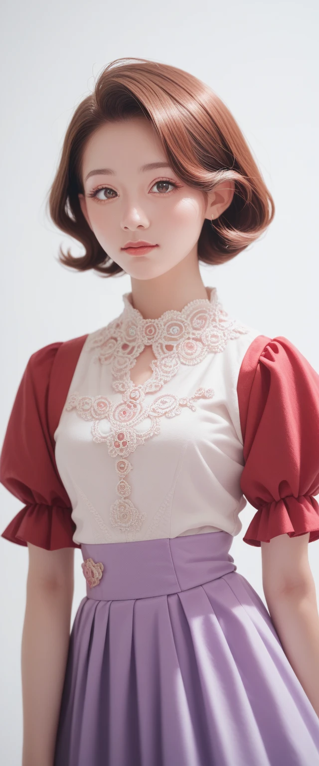 A beautiful woman, 32 years old, Red short hair, shimmering brown eyes, and , and a purple and pink blaser, skirt, and white background, Intricate details,