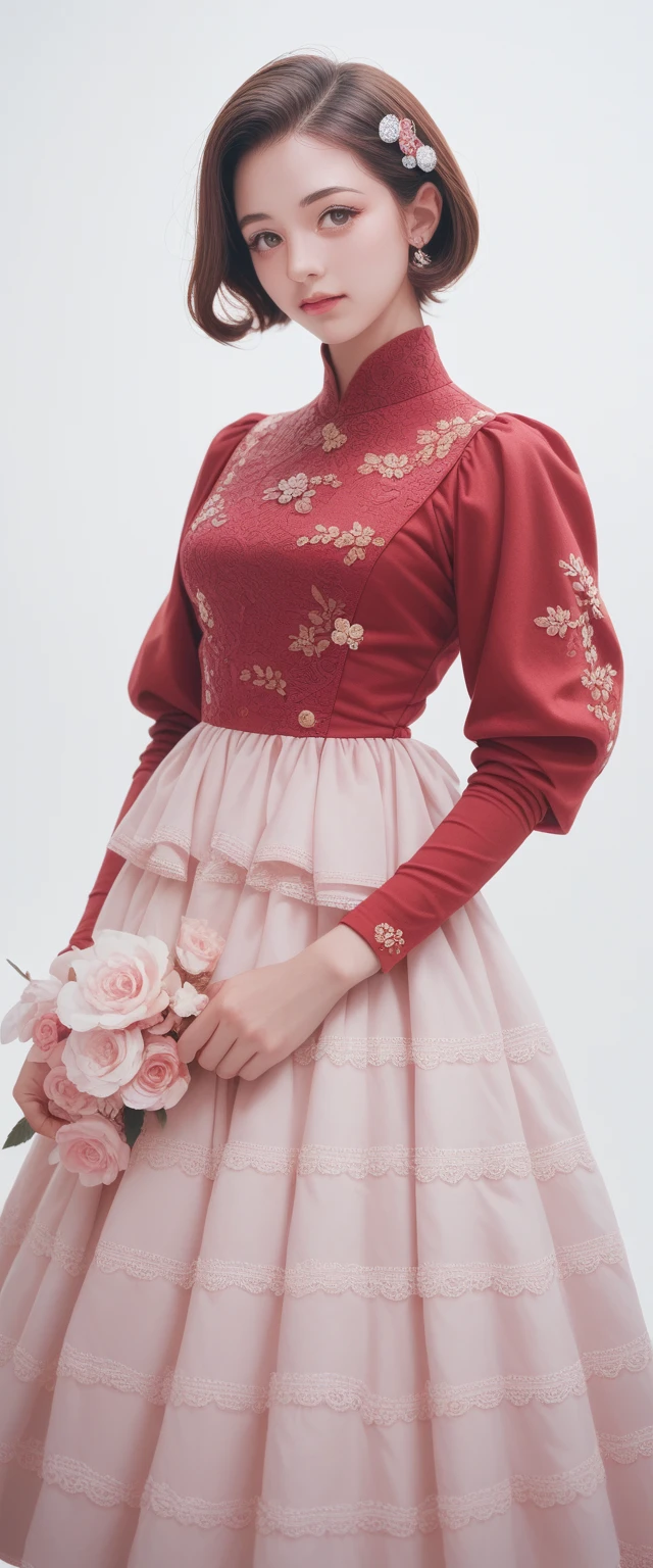 A beautiful woman, 32 years old, Red short hair, shimmering brown eyes, and , and a purple and pink blaser, skirt, and white background, Intricate details,