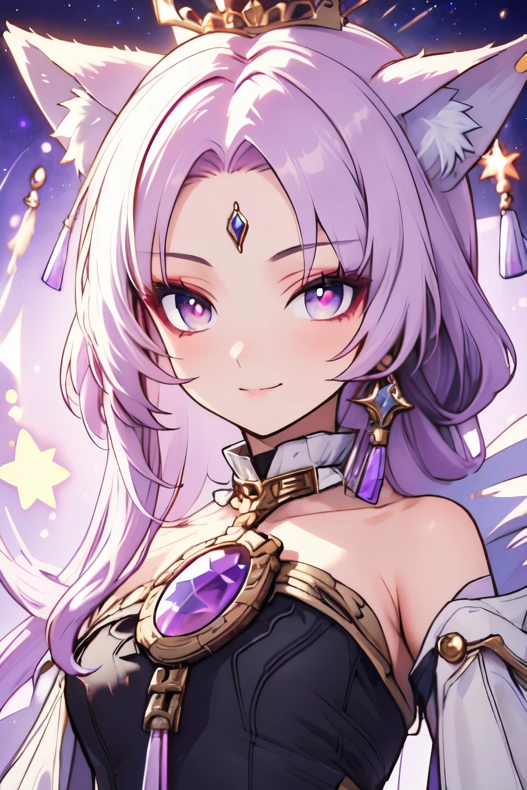 ((best quality)), ((masterpiece)), (detailed), detailed eyes, detailed hands, body image from chest to above her head, humanoid kitsune, starry crystal coronet crown on top of head, light purple hair, light purple fox ears, starry eight-point crystal star on forehead, delicate and beautiful detailing, beautiful face, well-proportioned detailed eyes, round detailed eyes and makeup, beautiful detailed and clear eyes, volume smooth and sharp, long flat bangs, fictional art, best photos, best quality, best photos, very beautiful and meticulous starry eight-point crystal star shape on forehead, delicate, mouth closed smile, not fully smiling, starry background