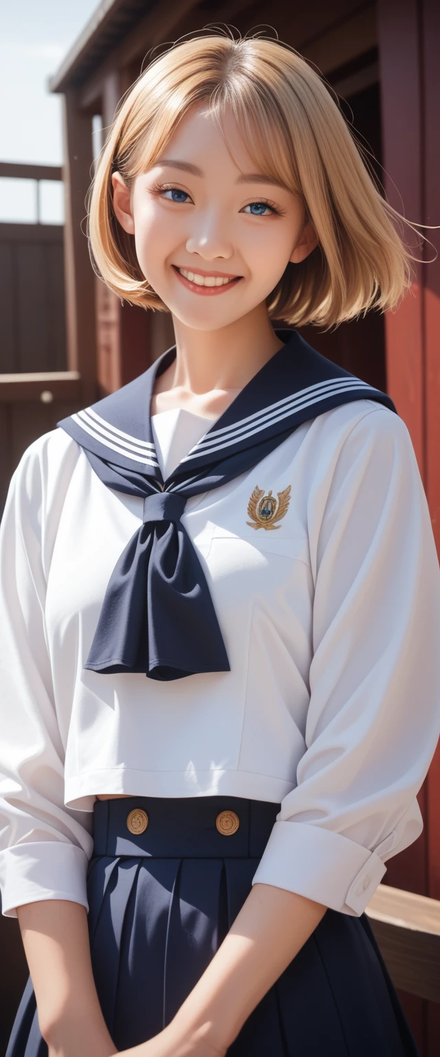 {{masterpiece, best quality, Extremely detailed CG, Unity 8K wallpaper, light, }}, Sony α7, Wide frame, South Pacific, In the war with the Asian powers, The wind blows towards the Aegis ship, 1 girl, whole body, Smile, She is a U.S. Navy sailor., bule, 20 years old, Smile, Blonde Hair, Short Bob, blue eyes , Long eyelashes ,