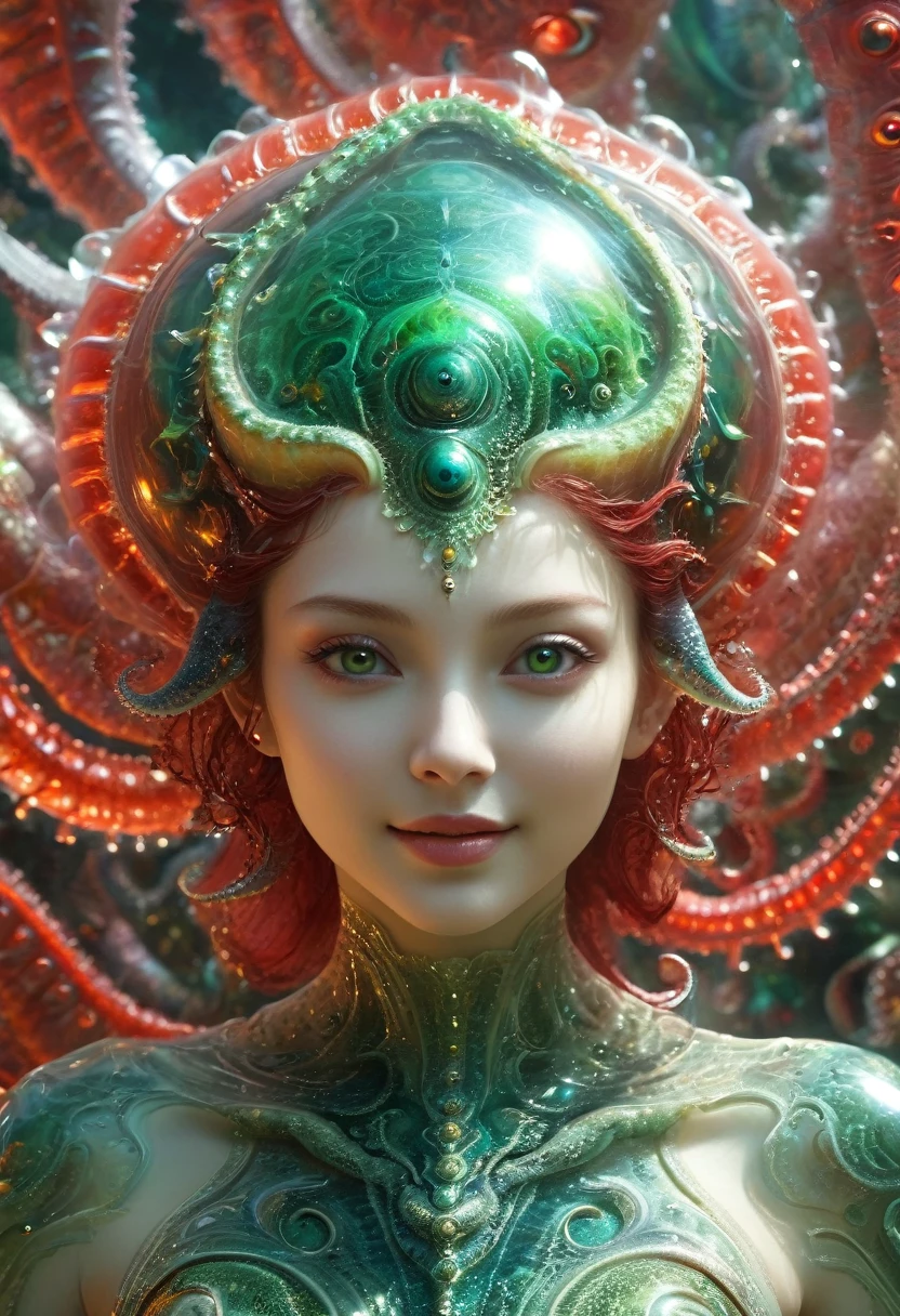 (Beautiful yet scary portrait of alien girl:1.4), ((There is an organ similar to the female genitals in the middle of the forehead.:1.8)), (Realistic face:1.2), Ultra-realistic transparent skin, She is very sleepy, (Number of winning works々, Rich in details, Textures and maximum detail), Midnight Aura, Unreal Engine 5, Ultra-clear focus, Midnight Aura, Unreal Engine 5, Ultra-clear focus, (Artworks of Yoshitaka Amano:1.5), Art bud, Roisch, Complex artwork, Surrealism, high resolution, High freshness, Faithfully painted, Official Art, Unity 8K wallpaper, Ultra-detailed artistic photography, Like a dream, Fantasy Creation, Dream Snail, (Biopunk Nautilus:1.3),Exciting color scheme, Amazing mutation, Well-proportioned body, Deep Sea Goddess, Fractal, Geometric patterns, Impossible Numbers Any transparent white tentacles with light organs:1.4), Subtle emerald green accents, (Smiling seductively:1.3),(She has the most beautiful face in the universe:1.5), (She looks down at the viewer with her pupil-less red eyes:1.3), The gaze, light, (No makeup:1.3), (From between your lovely lips、Long canine teeth showing like a vampire:1.5), In the palace hall, A sweet sigh escapes your beautiful lips, Ecstatic expression, There are countless translucent tentacles on her head that look like hair..Fractal，Shiny