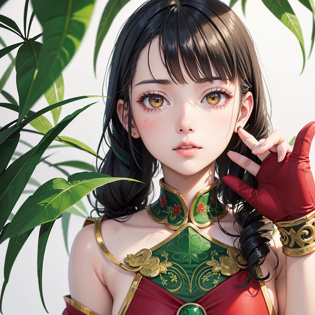 ((RAW Photos)), ((masterpiece)), (A -yeld yo woman with a red and green motif, anthropomorphized as a plant:1.2), (Full Body:1.1),Intricate details, View your viewers, Complex game character depiction, beautiful, Fine eyes and lips,(Detailed depiction of the hands:1.2),Large Breasts,White background,Fantasy,Perfect Face, (1 girl:1.3),Big shiny clear golden eyes,Long black hair tied up,shy,