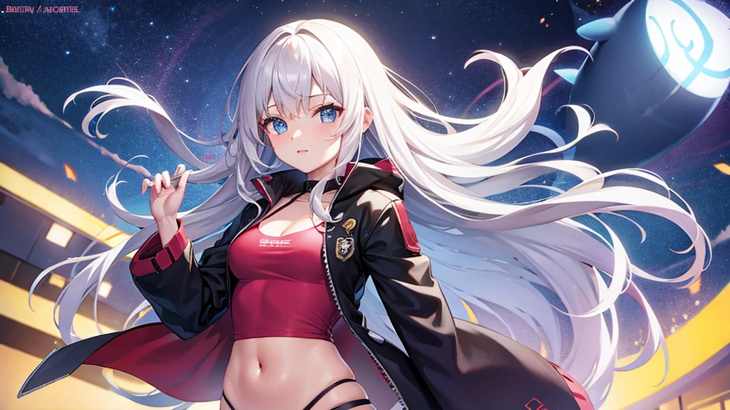 anime, cute, girl, concept art(2), vtuber model, , silver hair, long hair, blue eyes, whale jacket