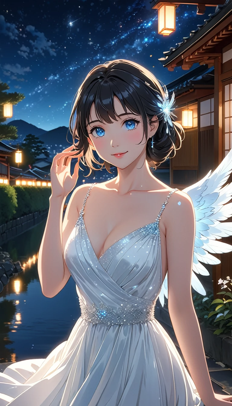 National Science Foundation,(((masterpiece))),High resolution,8K,art,refer to,Kyoto Animation Style,Your Name movie style,To the camera,night,midnight,Light,(1 female: 1.3),(alone: 1.4),Sparkling Light Evening Dress,(Wearing a white dress),(Woman wearing a beautiful formal dress),Pure white dress,Elegant dress with Swarovski crystals,Crystal Hairpin,Long eyelashes,Thin legs,(Medium Hair),(Black Hair),Feminine poses,Sexy pose,close of upper body,(medium shot:1.5),(Show upper body),Eyes as deep as the starry sky,(pale blue eyes:1.3),Moist eyes,Shining beautiful eyes,Blushed,shy,shy,Open your lips slightly and smile,Woman as beautiful as an angel,mystery,Woman waving her hand,