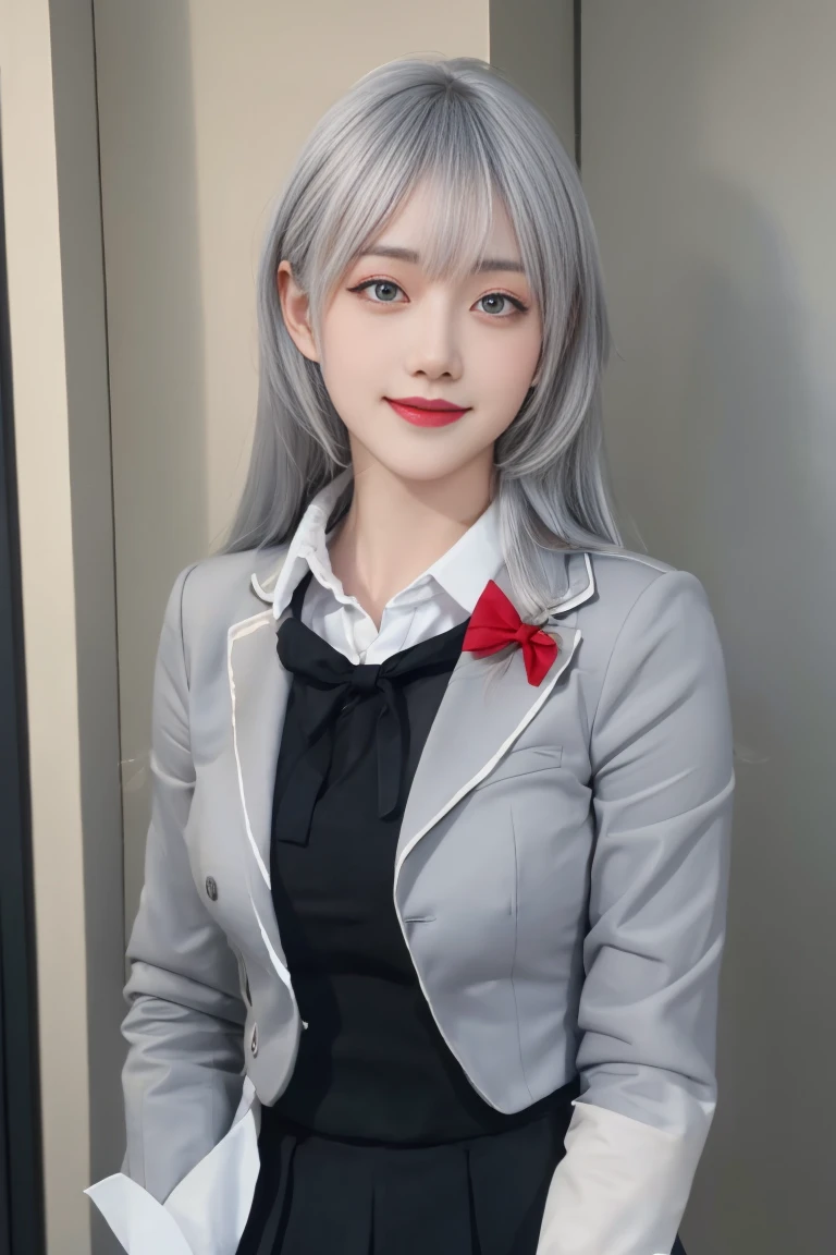 ulzzang-6500-v1.1,(raw photo:1.2),((photorealistic:1.30)), ((best quality)) ,((masterpiece)),((Ultra High Resolution)), ((Clear View)),,Ultra-high resolution,Clear face,(Reality:1.4) , illustration, an extremely delicate and beautiful, extremely detailed ,CG ,unity ,8k wallpaper, Amazing, finely detail, masterpiece,best quality,official art,extremely detailed CG unity 8k wallpaper,absurdres, incredibly absurdres, huge filesize, ultra-detailed, highres, extremely detailed,beautiful detailed girl, extremely detailed eyes and face, beautiful detailed eyes,light on face,cinematic lighting, 1girl, 独奏, bangs, alya(roshidere), (white hair:1.3), long hair, bangs, Blue eyes, hair ribbon, ahoge, (red ribbon), skirt, shirt, long sleeves, bow, , jacket, white shirt, pleated skirt, collared shirt, bowtie, black skirt, red bow, red bowtie, blazer, (grey blazer:1.3), long sleeves, upper body view, smile,