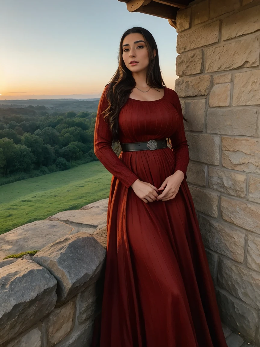 Gorgeous and sultry busty athletic (thin) brunette queen with sharp facial features wearing a modest updo, dark red medieval dress, long sleeves, intricate patterns, scrollwork, wide neck, crown, veil, long dress, modest dress, tight bodice, silver belt, (waist chain), medieval jewelry, Middle Ages, castle, rampart, wall, exterior, on top of a castle wall, trees, countryside, evening, sunset.