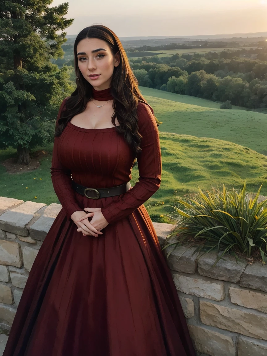 Gorgeous and sultry busty athletic (thin) brunette queen with sharp facial features wearing a modest updo, dark red medieval dress, long sleeves, intricate patterns, scrollwork, wide neck, crown, veil, long dress, modest dress, tight bodice, silver belt, (waist chain), medieval jewelry, Middle Ages, castle, rampart, wall, exterior, on top of a castle wall, trees, countryside, evening, sunset. large breasts.