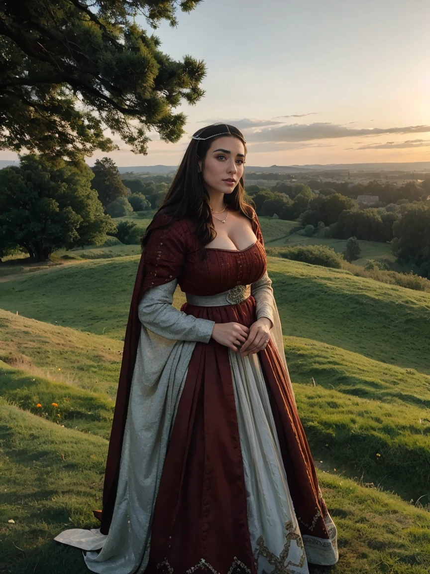 Gorgeous and sultry busty athletic (thin) brunette queen with sharp facial features wearing a modest updo, dark red medieval dress, long sleeves, intricate patterns, scrollwork, wide neck, crown, veil, long dress, modest dress, tight bodice, silver belt, (waist chain), medieval jewelry, Middle Ages, castle, rampart, wall, exterior, on top of a castle wall, trees, countryside, evening, sunset.